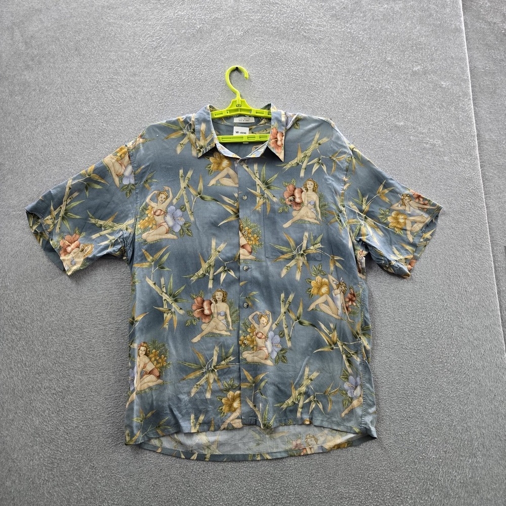 VINTAGE Pierre Cardin Men Button Up Shirt XL Blue Floral Pinup Girls Hawaiian